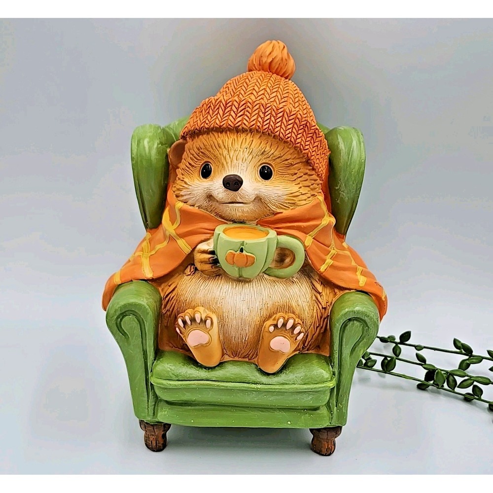 Fall Autumn Hedgehog in Armchair Figurine Pumpkin Spice Coffee Cozy Decor 9" NEW